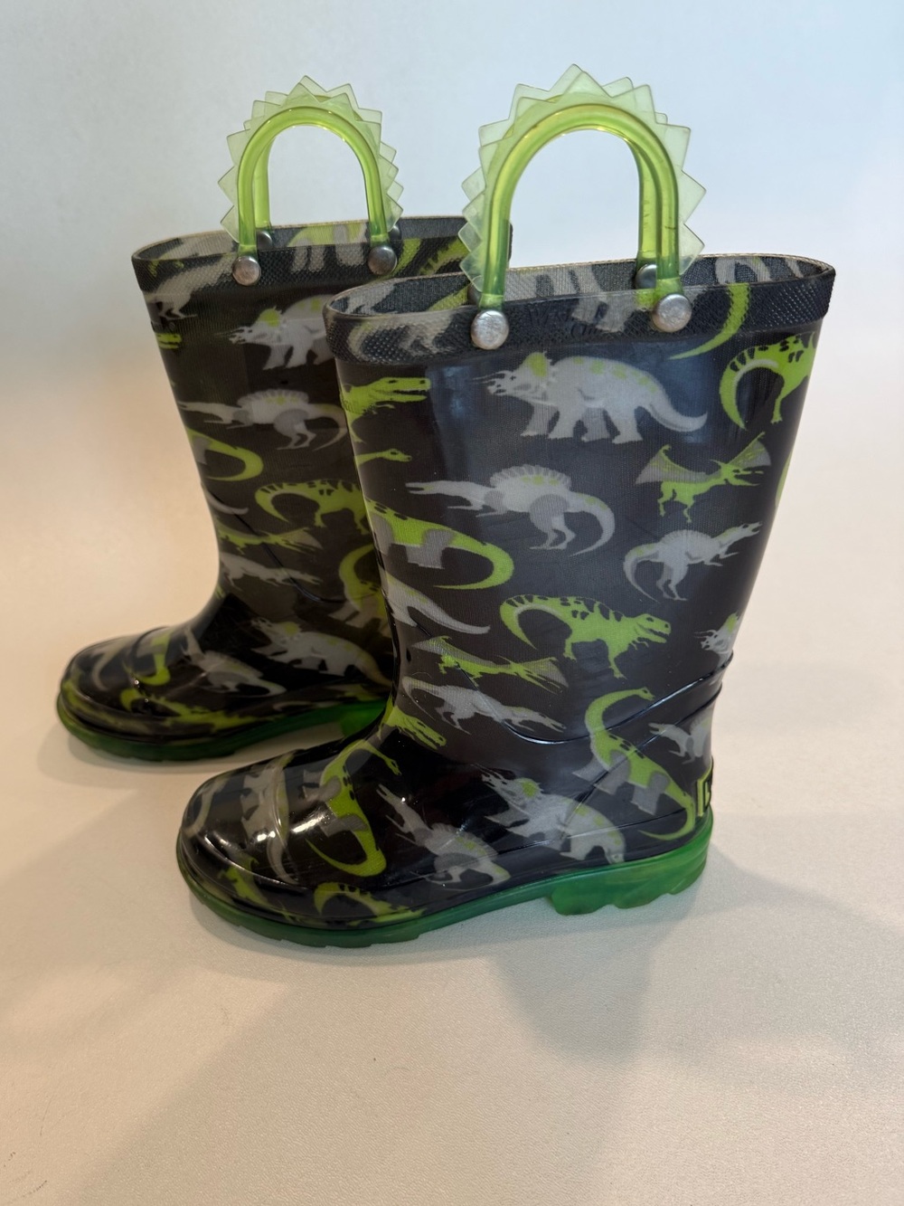 Western Chief Wade Dino Light Up Rain Boots Boys Size 11 Dinosaur Black Green